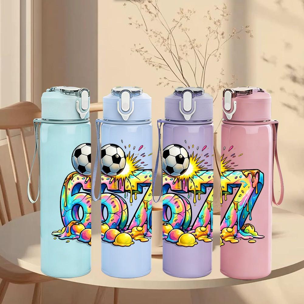 1PC Colorful 67 Soccer Theme Print 750ml Color Plastic Sports Water Bottle Leakproof Flip Straw Lid Suitable for Sports Office Home Use