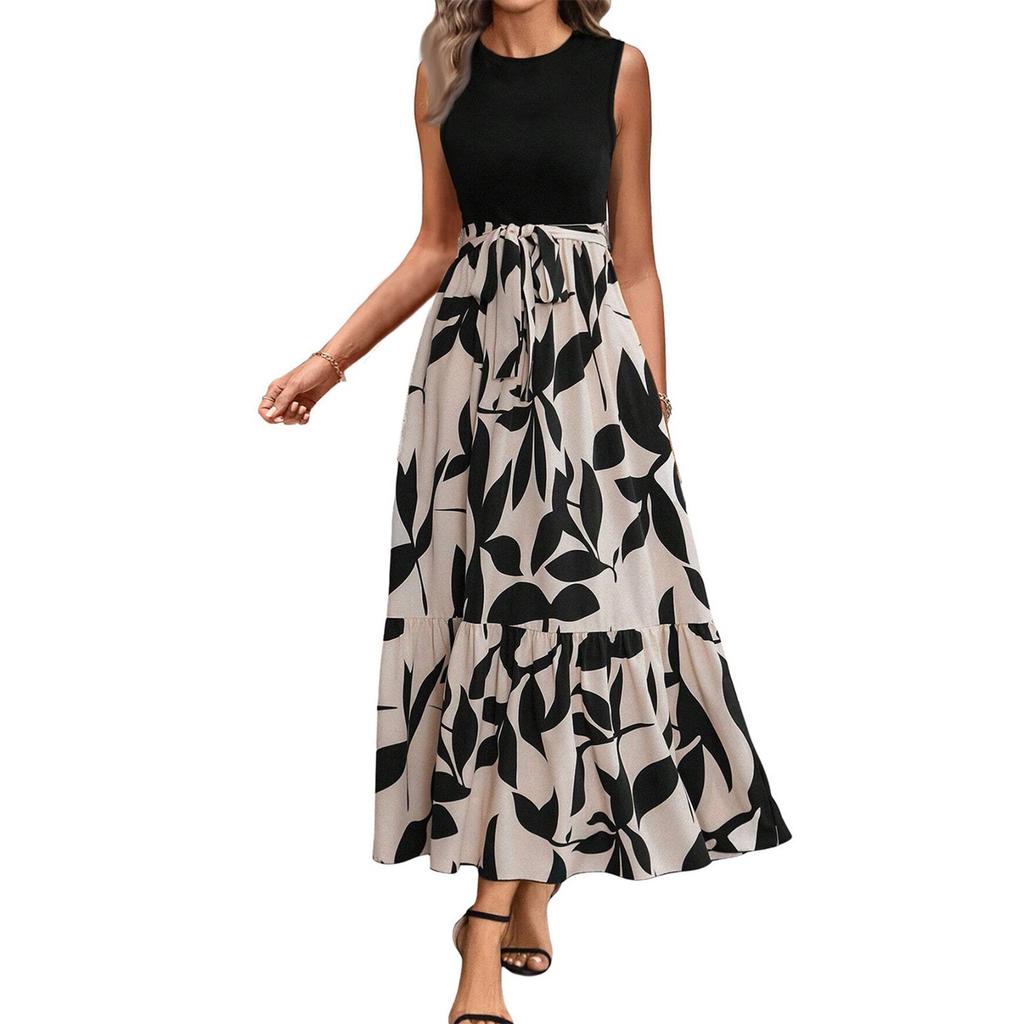 Women's Floral Print High Waist Fashionable And Elegant Sleeveless Dress