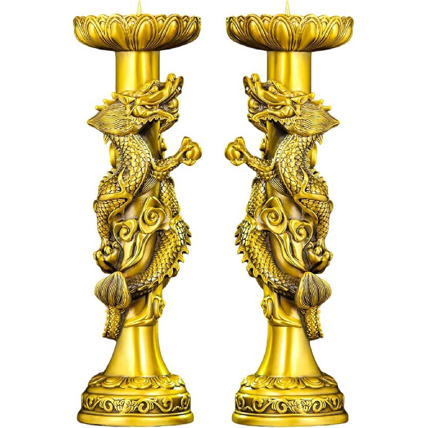 Pair of Brass Dragon Candlesticks – Chinese Feng Shui Symbol of Power & Protection, Decorative Candle Holders for Home Altar or Entryway, Gift for Medium