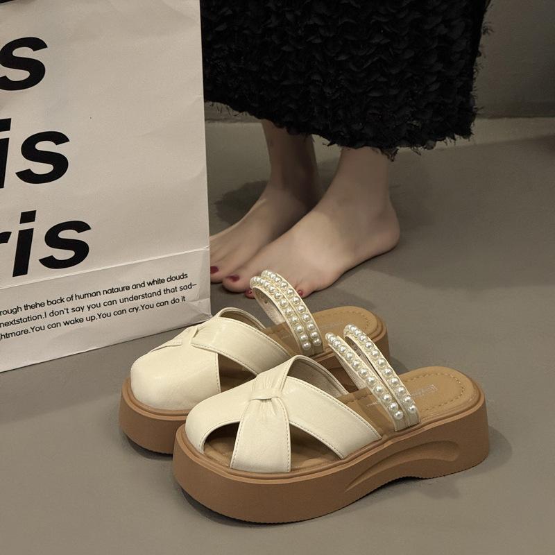 Fashion platform slippers fairy wind pearl bag head cool summer retro beach shoes soft sole bow Roman sandals