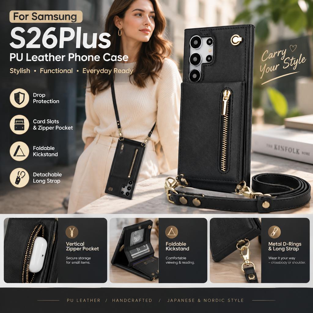 Samsung S26 Series PU Leather Phone Case with Long Strap, Zipper Pocket and Kickstand