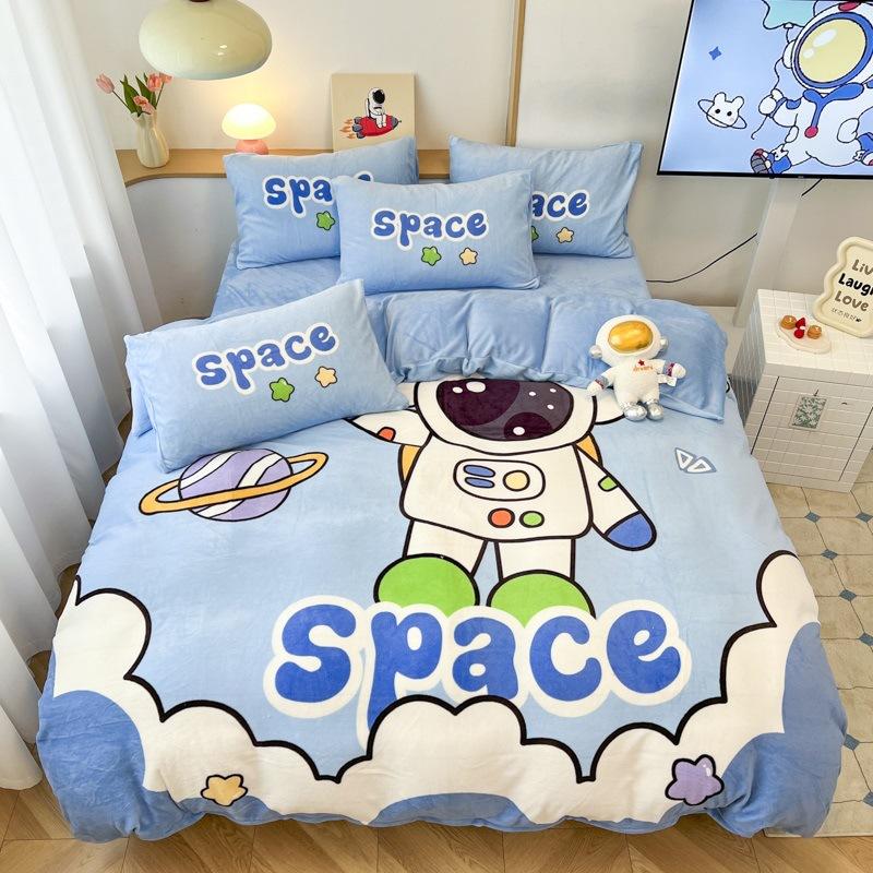 Thickened Milk Fleece Four-Piece Set, Fleece Astronaut Flange Coral Fleece Children'S Bed Sheet Quilt Cover Three-Piece Set Men
