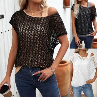 Suéter de punto de dos piezas con cuello redondo y manga corta de encaje informal de verano para mujer