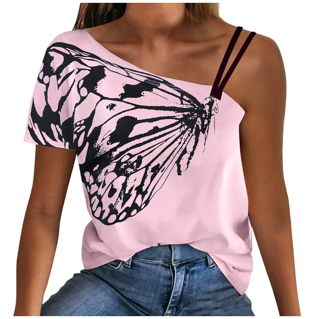 Women Summer Casual Printing Cold Shoulder Short Sleeve Tunic Shirt Tops Blouse