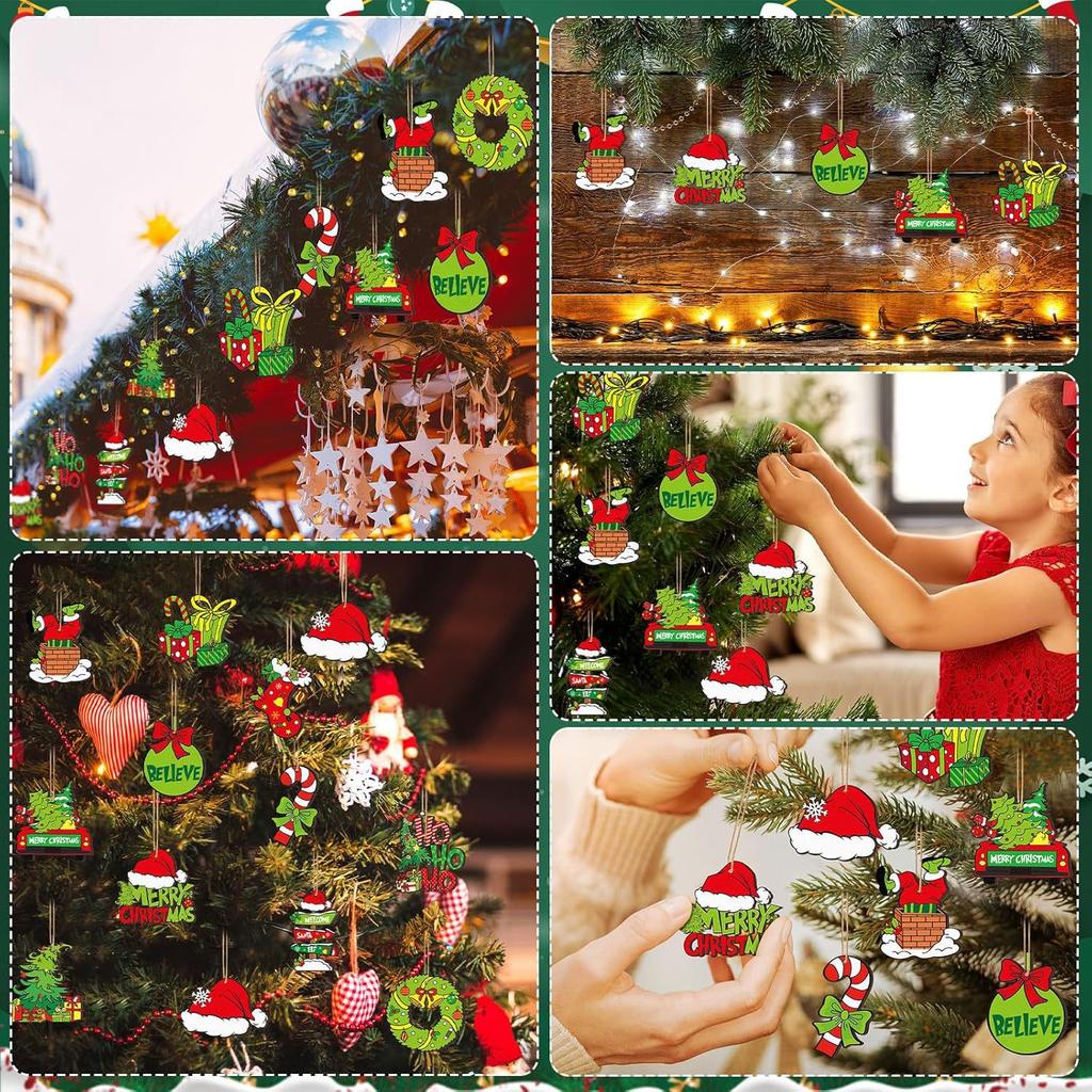 12/24PC Christmas Elf Green Hair Monster Wooden Pendant Xmas Party Christmas Tree Decor Home Festival Scene Hanging Decor Gift