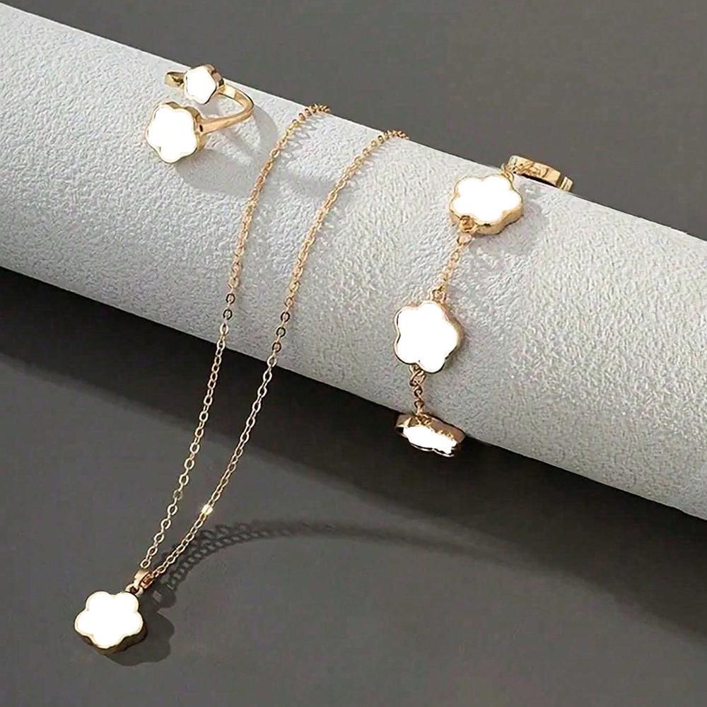 3pcs Women Zircon Set Fashionable And Elegant  Flower Shaped Necklace, Bracelet, Ring,Accessories, suitable for daily matching
