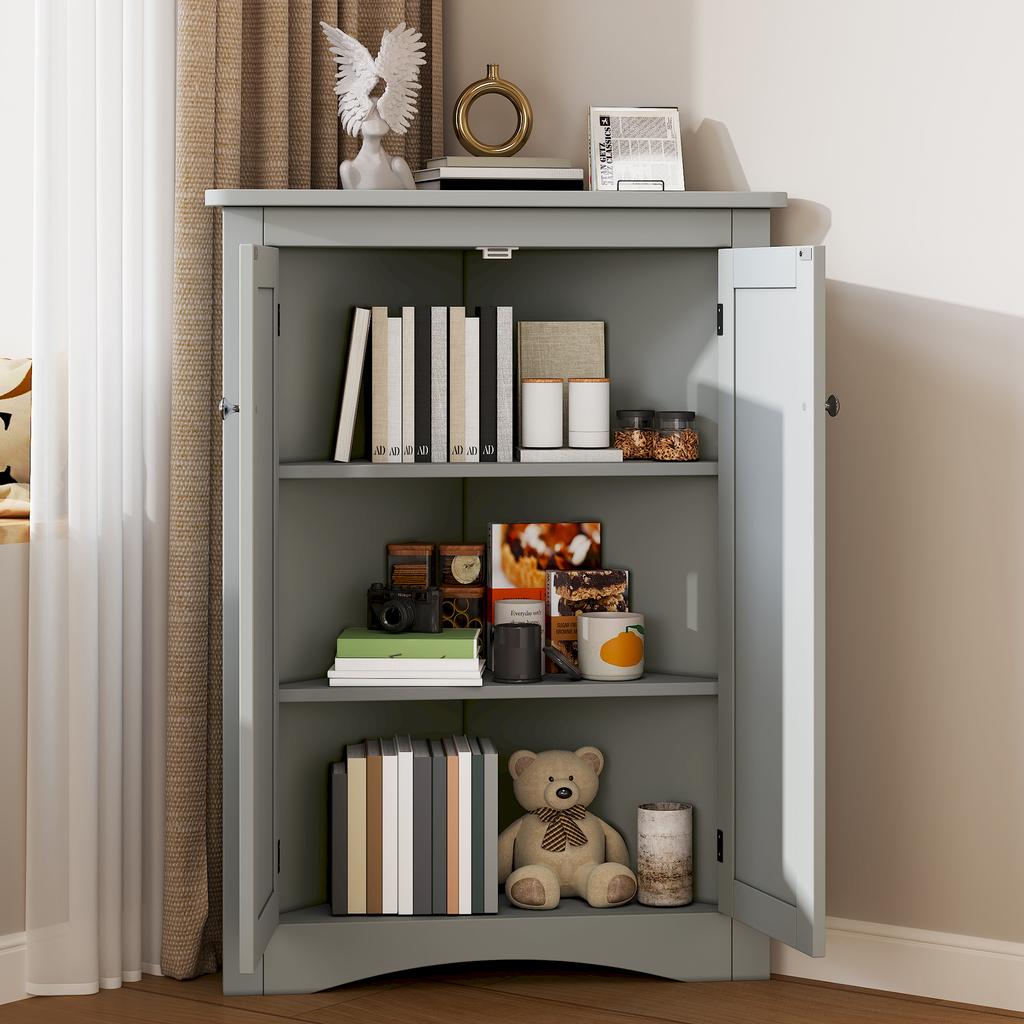 Grey Corner Cabinet for Bathroom – Freestanding 2-Door Triangular Cabinet with 3 Levels, High-Quality MDF Board with Lacquered Surface (61.5 X 80 Cm)