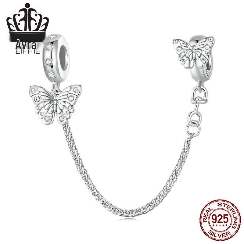 925 Sterling Silver Butterfly Safety Chain with Silicone Beads for DIY Bracelets