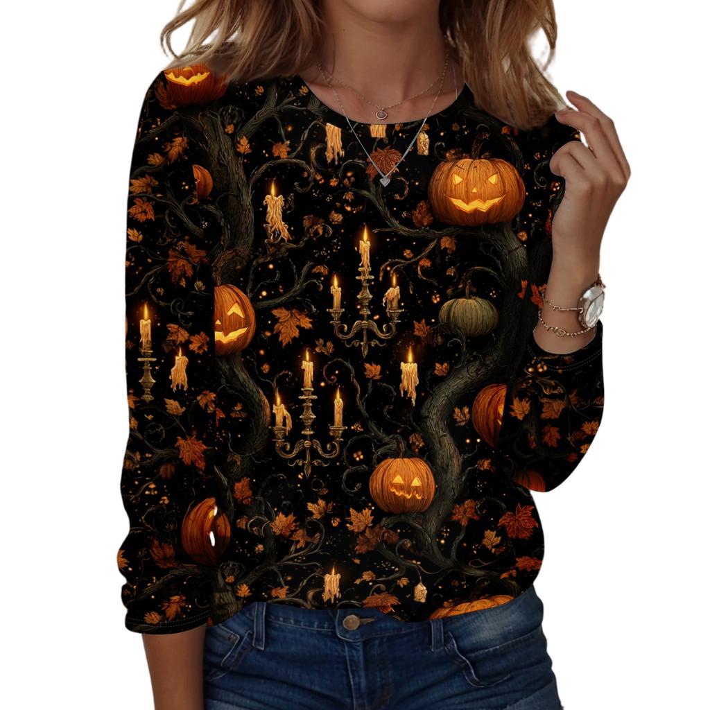 Women Long Sleeve Casual Pullover Sweatshirt Halloween Printed Crew Neck Top Lightweight Comfortable Fit for Everyday Wear