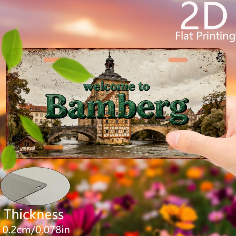 2D Flat,Vintage Aluminum Plaque, Decorative Plaque and Ornament, Bamberg, Vintage City Decor, Vintage Architectural Art