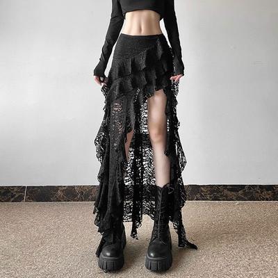 Kadın Dantel Eklemeli Etekler Siyah Yüksek Bel Fırfırlı Düzensiz Uzun Etek Gotik Stil Sokak Giyim Yaz