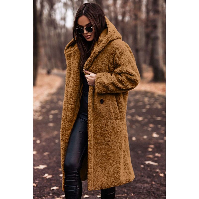 

In-Stock Amazon Cross-Border Supply 2025 Autumn and Winter Fashion Long Solid Color Long-Sleeve Woolen Women s Coat Golden Camel M