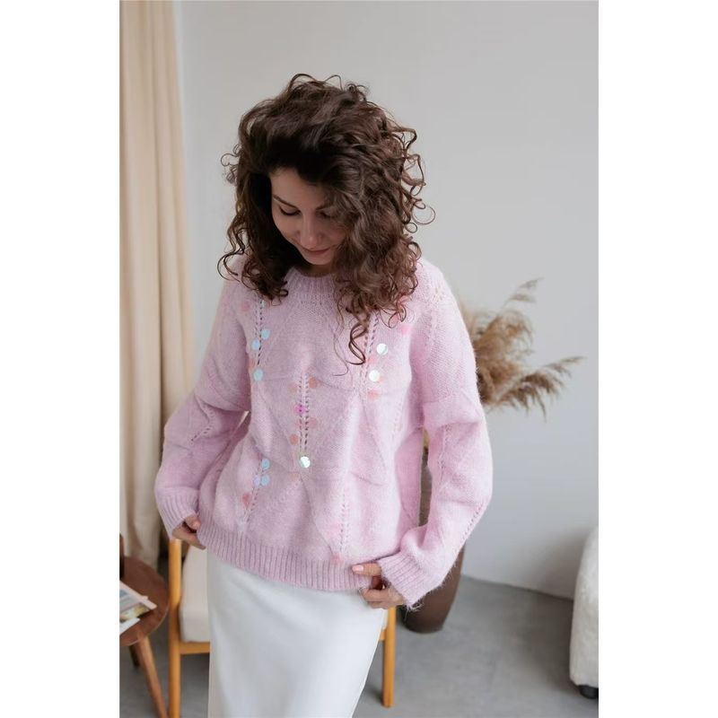 

Fashion Wind Retro Sequin Cut Out Knitwear Design Loose Sweater Sequined Knitted Sweater Pink All yards