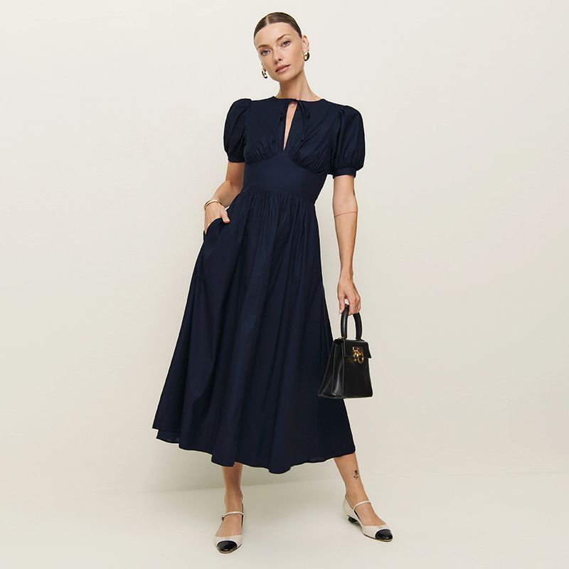 

Reformation French style Elegant Rich Gold Beautiful Unique Retro Draping Effect Dress Summer New Navy S(45.00 kg-50.00 kg)
