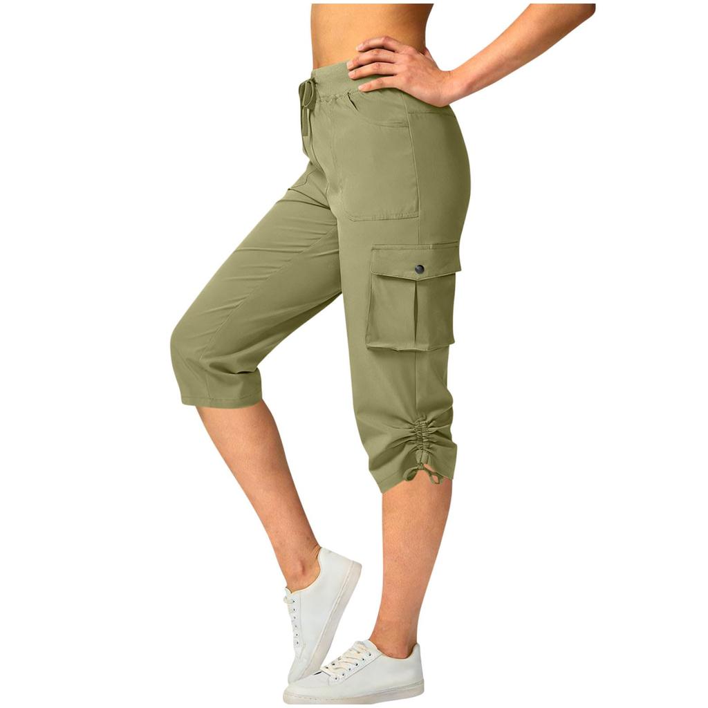 Women’s Drawstring Waist Cargo Capris with Multiple Pockets and Adjustable Hem for Outdoor Activities