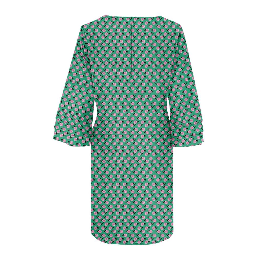 Women's Fashion Temperament Elegant Fresh Printed V-Neck 3/4 Sleeves Dress