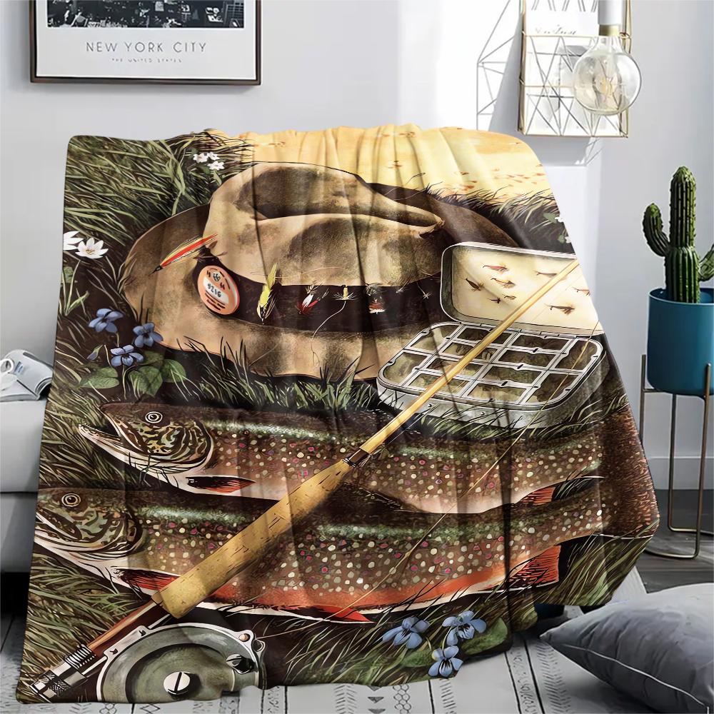 1Pc American Bass Fishing Print Flannel Blanket, High quality Comfortable for All Seasons, Home Decor, Warmth and Comfort, Perfect for Christmas Gifts