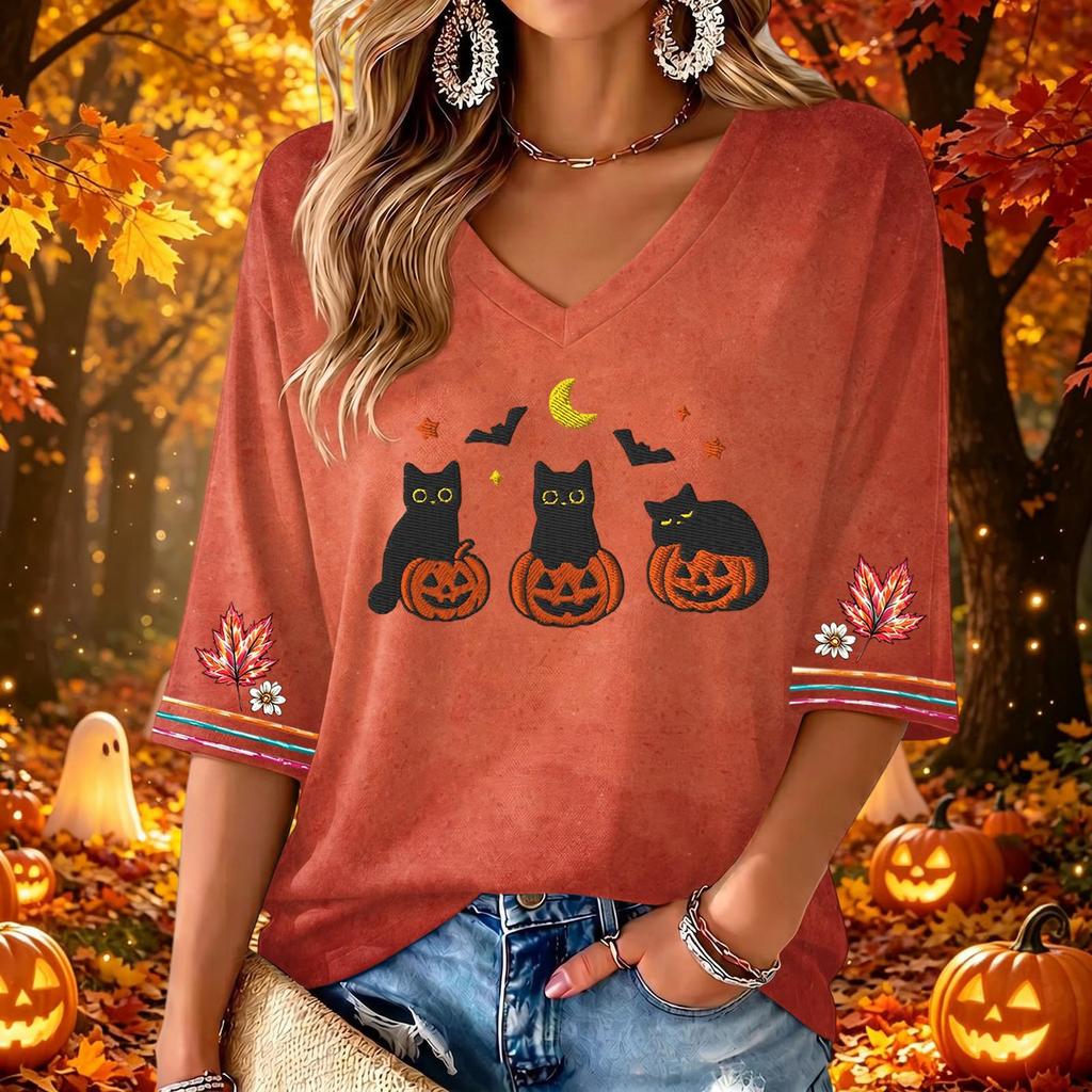 Women's Casual V-Neck Halloween Print Three-Quarter Sleeve Blouse for Halloween Party