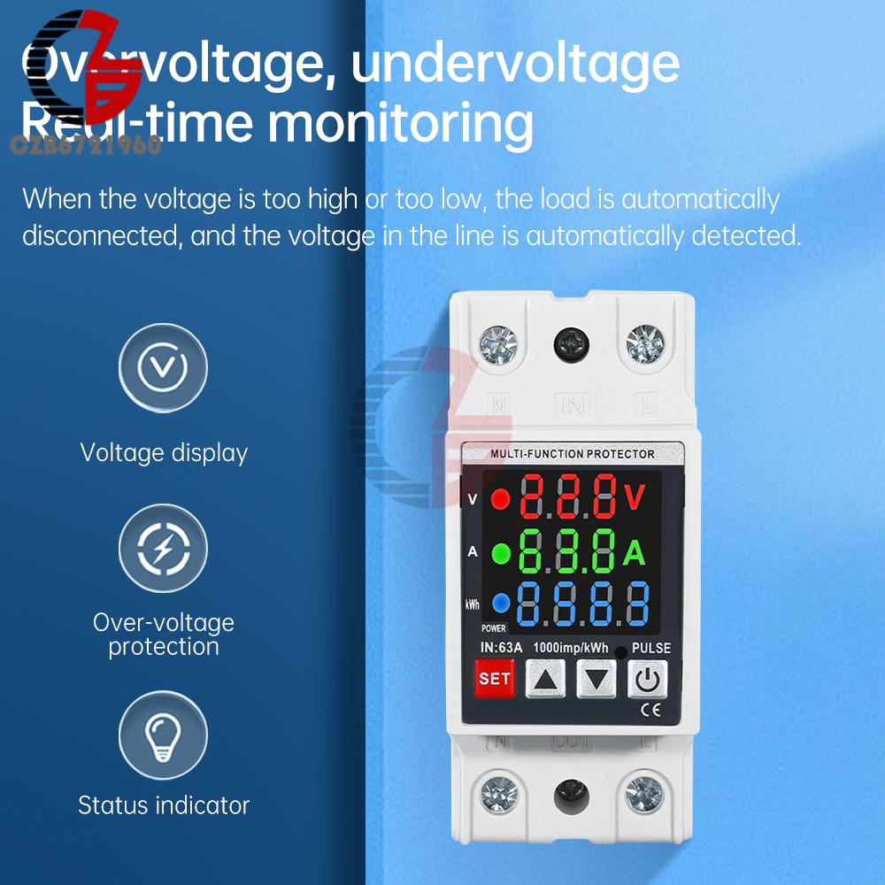 63A Din Rail 3-in-1 Display Adjustable Over Voltage Current and Under Voltage Protective Device Protector Relay Volt Power Meter