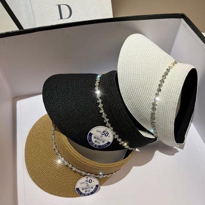 Summer Light Luxury Niche Rhinestone Empty Top Hat Outdoor Travel Fine Grass Woven Uv Protection Sun Hat