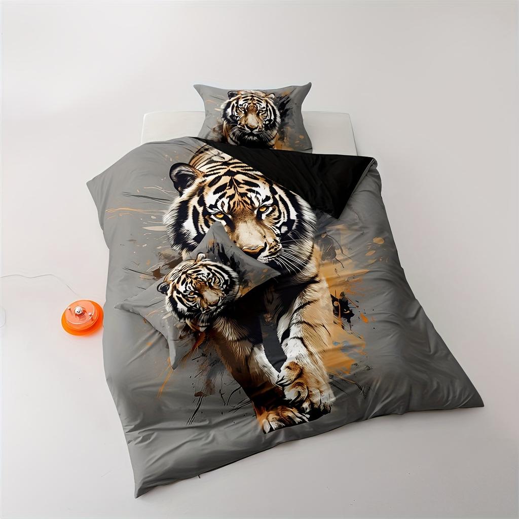 2/3pcs Tiger Bedding Set Animal Duvet Cover Set Grey Comforter Cover Bedroom Decor Guest Room 2D Bohemia Flat Printing