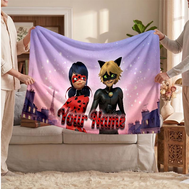 Miraculous Ladybug Personalized Flannel Blanket, Custom Printed Text Name, Warm Soft Blanket For Couch Bed
