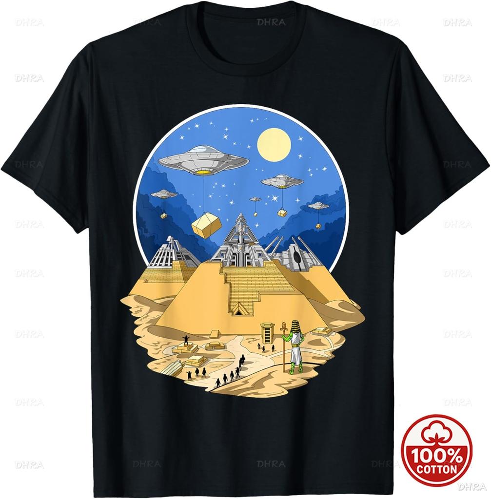 Aliens UFO Egyptian Pyramids Science Fiction Unisex Cotton TShirt Custom Printed Graphic T Shirts Y2k Funny Tshirt Streetwear