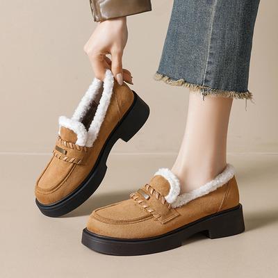 Chaussures d'hiver en fourrure Femmes Mocassins Chaud Peluche Antidérapant Mode Marque Chaussures Dames Talons Carrés 4cm Grande Taille 42