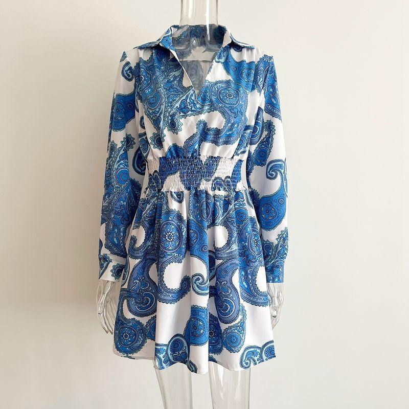 

Fashion Style Spring & Fall New Arrival Young Commuter V-neck Print Elastic Waist Long Sleeves Shirt Dress Short Skirt Women s Dress Blue XL