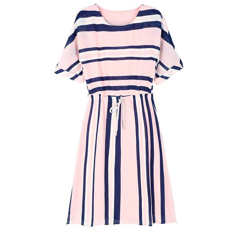 Elegant And Timeless Women Fashion Short Sleeve Casual Dress With Classic Stripes