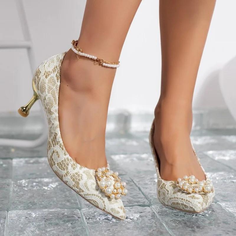 Mote Kvinner Krystallperlebesatte Sko Vår Høyhælte Chunky Femme Mote Luksus Kjolesko Elegante Lave Sko Zapatos Pumps