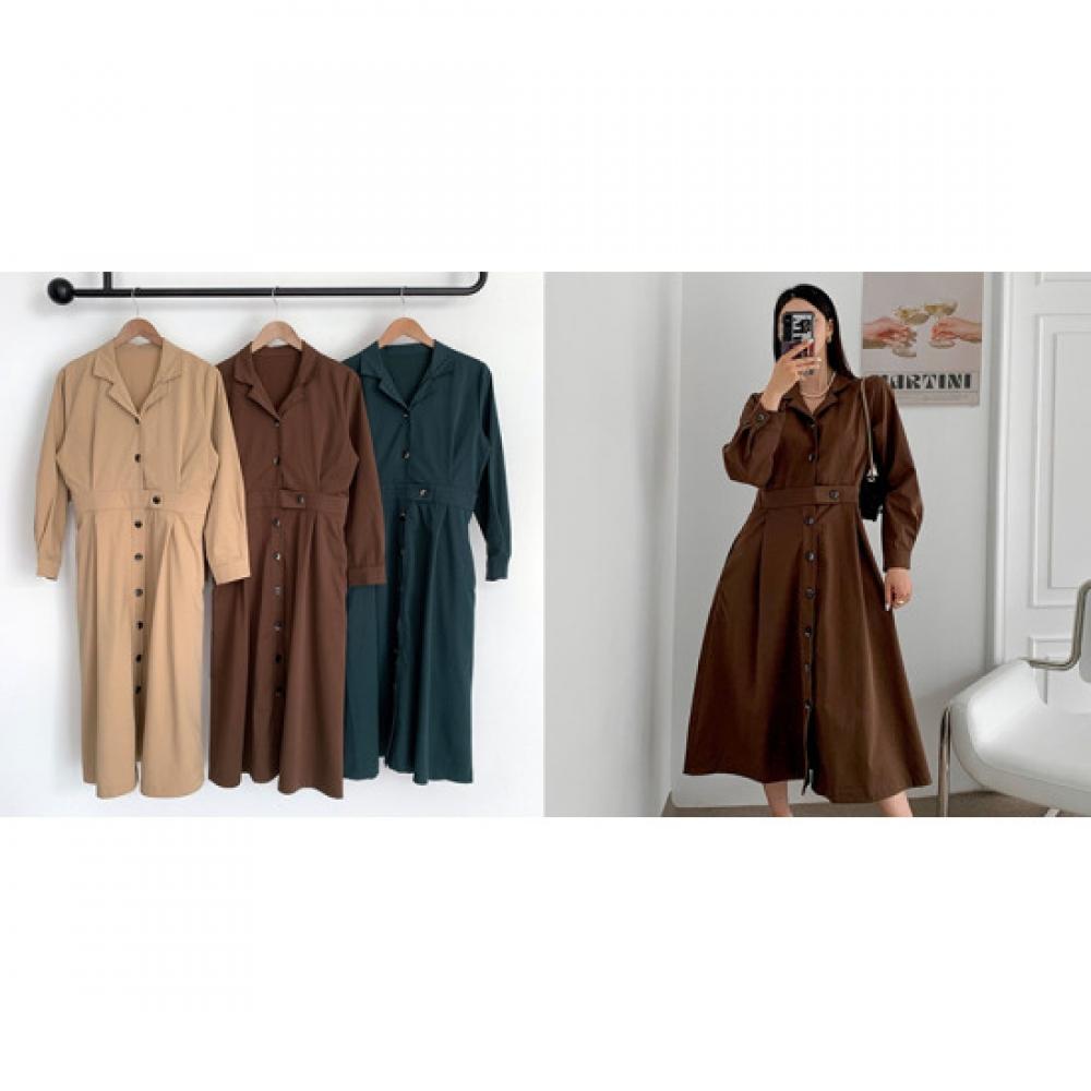 Shop Women Flare Pleated Collar Neck Button Open Long Dress Deep Green Cat Wdr