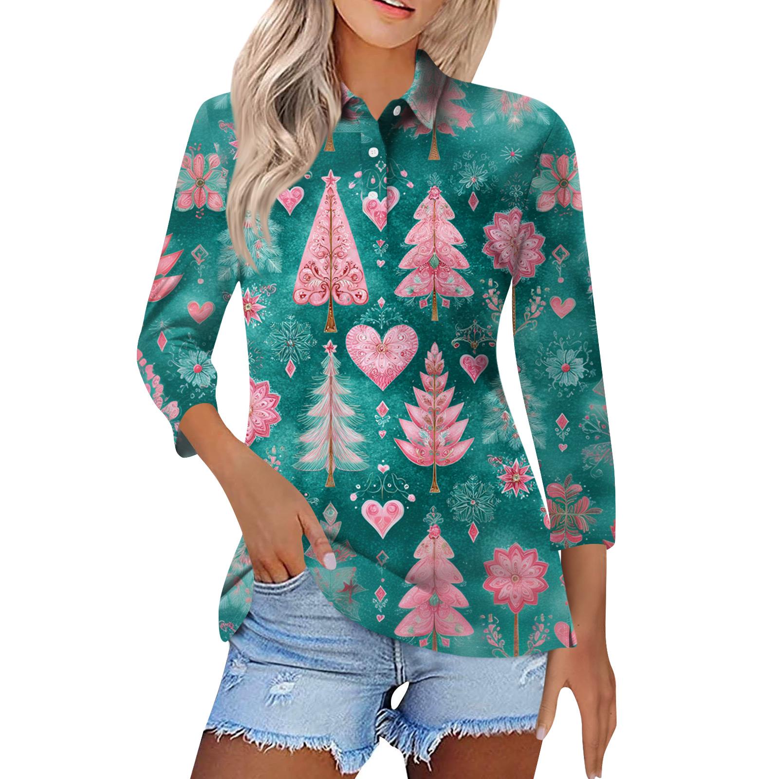 

Женская модная повседневная блузка с лацканами на пуговицах, с рукавом 3/4 и винтажным принтом L циан