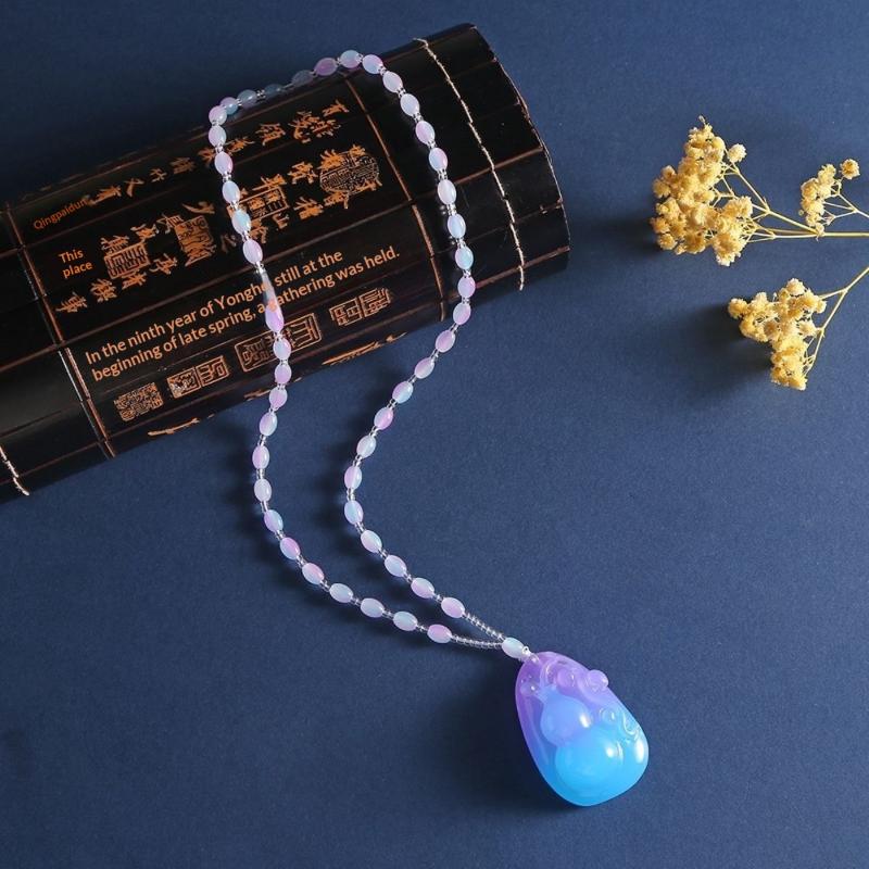 Amber Beeswax Gradient Purple-Blue Necklace Water Drop Flowers Pendent Necklace For Women Unisex Beaded Pendant Ornaments Gift