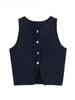 Zevity Women Fashion Sleeveless Buttons Hem Split Knitting Short Blouse Female Basic Slim Shirts Blusas Chic Crop Tops