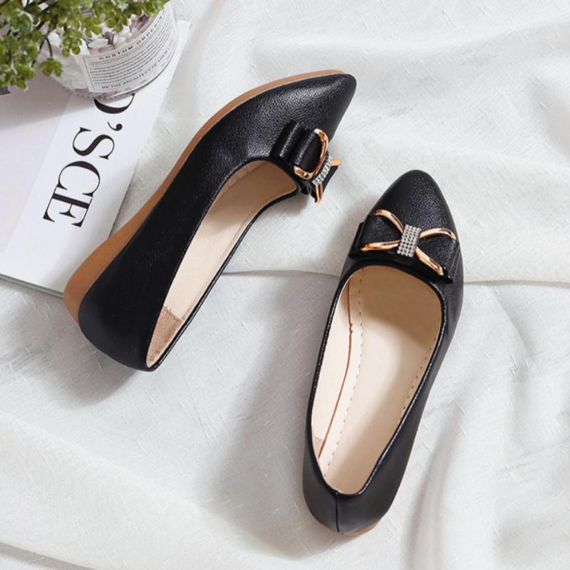 Korean Spring and Summer Fashion Women's Shoes Bowknot Bean Shallow Mouth Pointed Toe Low Heel Flat Bottom Rhinestone Single Shoes