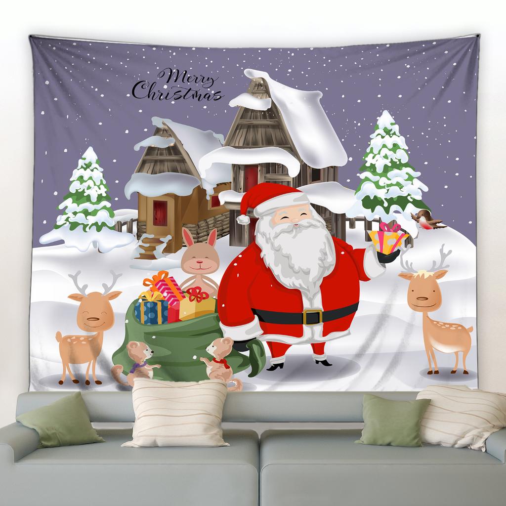 Cute Snowman Elk Tapestry Cartoon Santa Claus Merry Christmas Wall Hanging Holiday New Year Living Room Bedroom