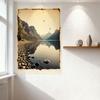 Vintage Lake Mountain Landscape Tin Sign, Rustic Snow-Capped Peaks & Calm Water Reflection Metal Poster, Antique Worn Border for