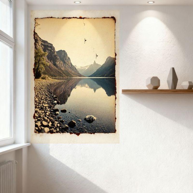 Vintage Lake Mountain Landscape Tin Sign, Rustic Snow-Capped Peaks & Calm Water Reflection Metal Poster, Antique Worn Border for