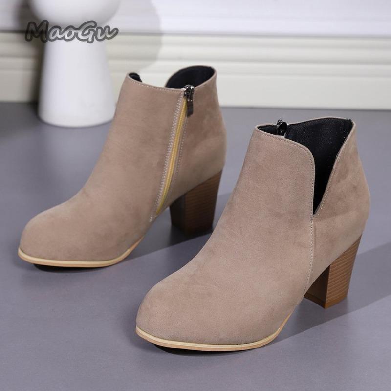Fashion Elegant Women Ankle Bootie Side Zippers Chunky Mid Heels Outwear Short Boots Autumn Women's Botines Size 35-41 Botas Para Mujer
