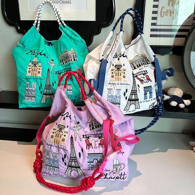 Large Eco-Friendly Nylon Shopping Bag with Embroidered Chain Design