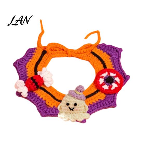 Cute Kitten Festival Outfit Halloween Pet Costume for Cats Small Dogs, Handmade Crochet Witch Hat Bib Soft Woven Headwear Collar, Adjustable