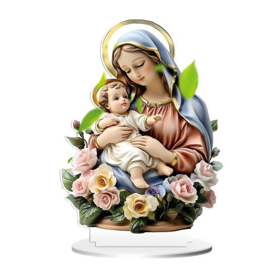Church Decor Accessories Virgin And Angel Ornament, 2D Acrylic Religious Ornament with Table Base, Catholic Centerpiece, Christian Gift for