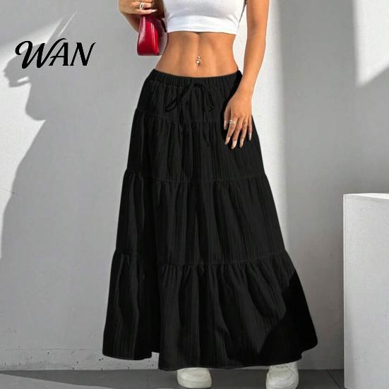 Elastic Waistband Skirt Women Long Spring Summer Middle Waist A Line Flowy Swing Occasion Breathable Solid Color Drawstring Pleated Casual Elegant