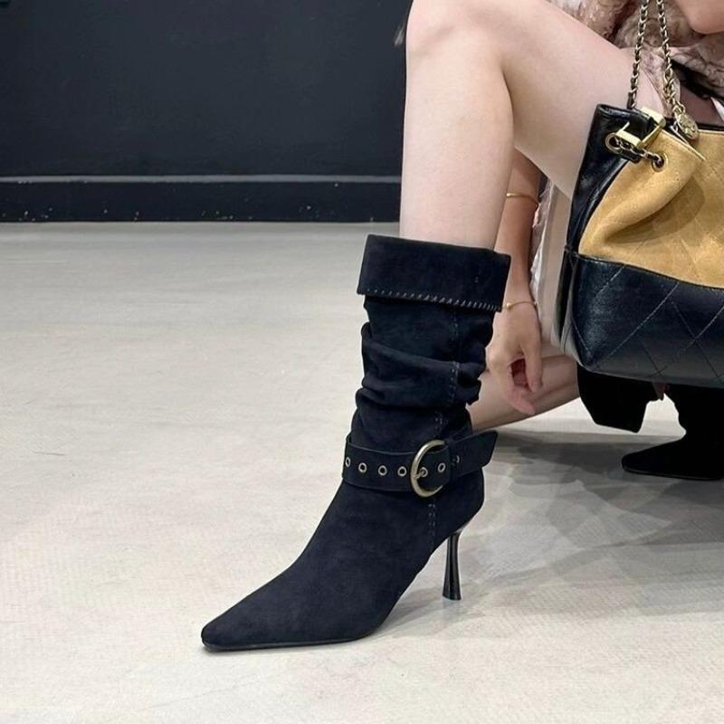 

Belt Buckle Stiletto Heel Stack Boots French Vintage Pointed Toe Sleeve Stiletto Heel Pleated Anti-Slip Wear-Resistant Single 40