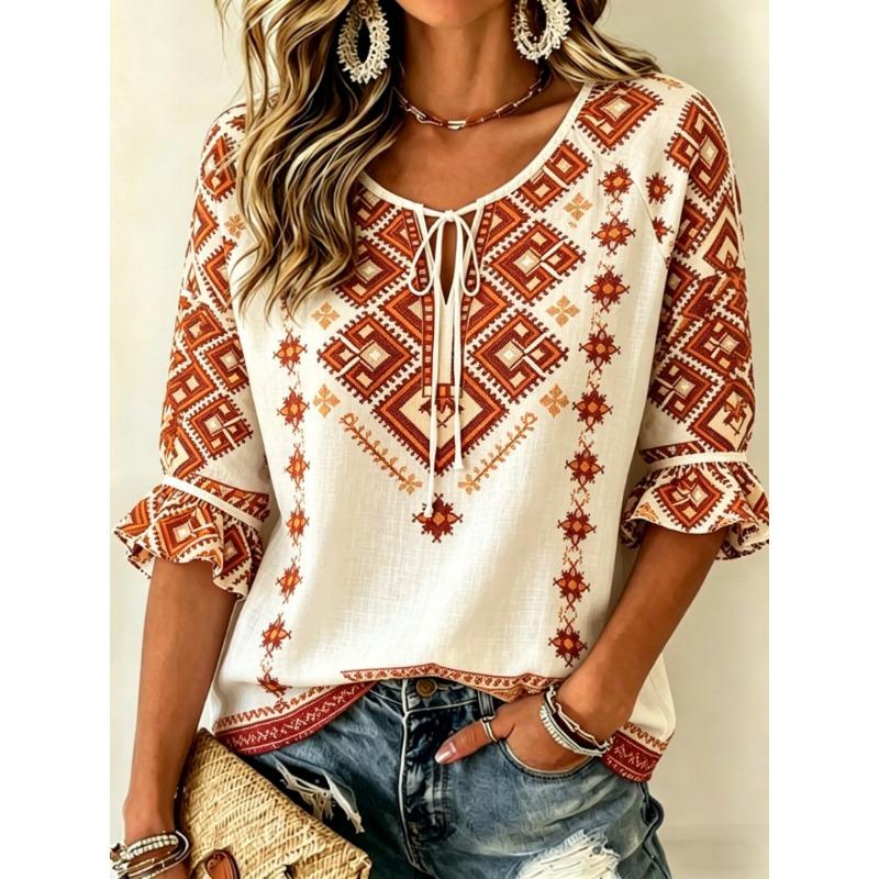 Women's Boho Geometric Tribal Print Tie Front Blouse, Casual Loose Top for Spring Summer Daily Wear