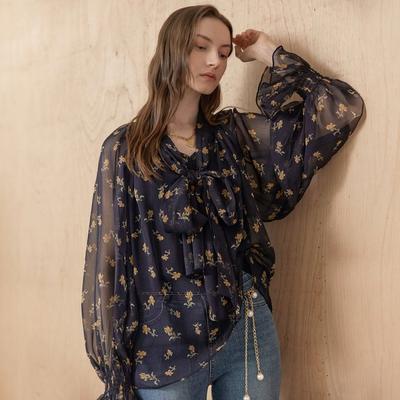 Yellow Flower Chiffon Tie Blouse Zc10qb001on