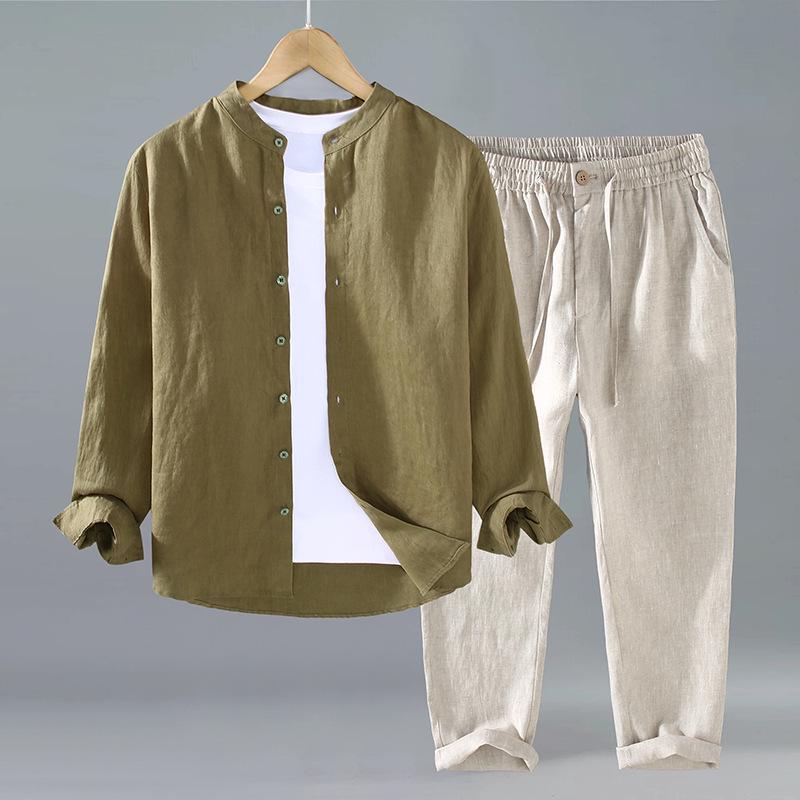 Pure Linen Men's Stand Collar Long Sleeve Shirt - National Style, Versatile, Trendy, Loose Fit