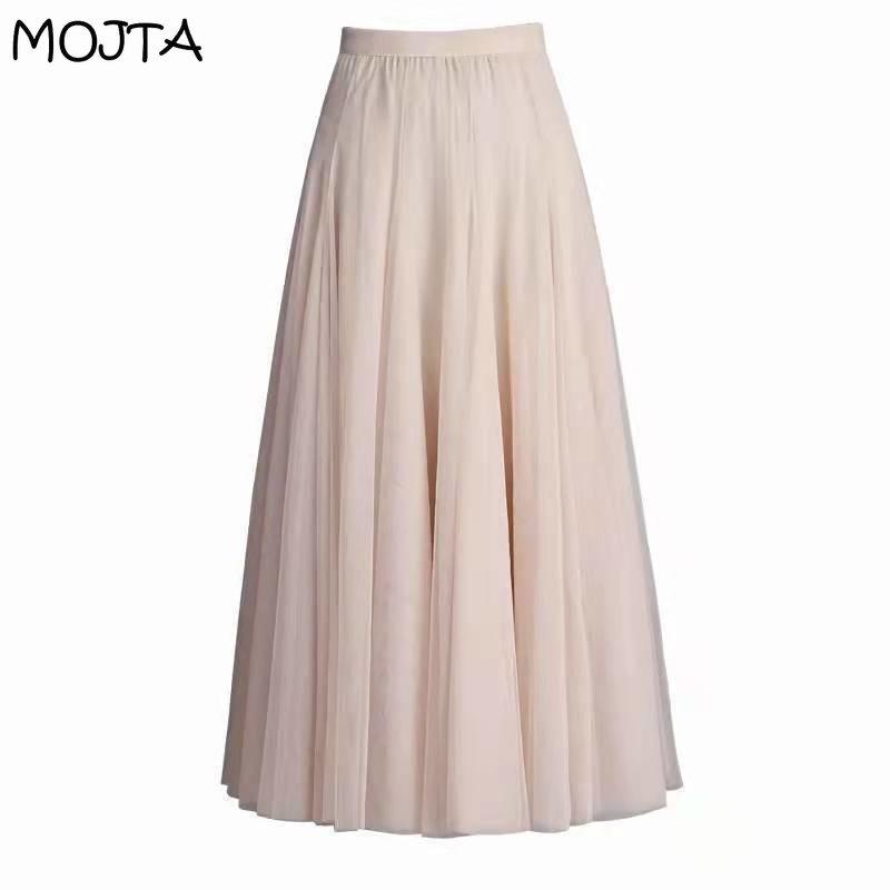 MOJTA Mesh Half Length Skirt Women High Waist Pleated Skirt