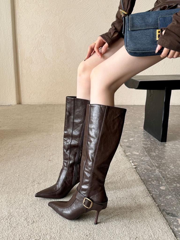 Pointed high-heeled boots but knee boots, thin boots, new belt buckle high boots